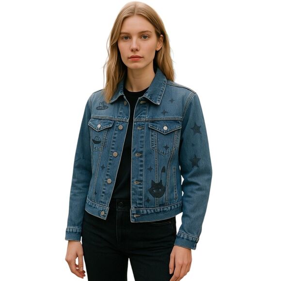 Gap Medium Blue Denim Trucker Jacket Stretch Art - Picture 1 of 9